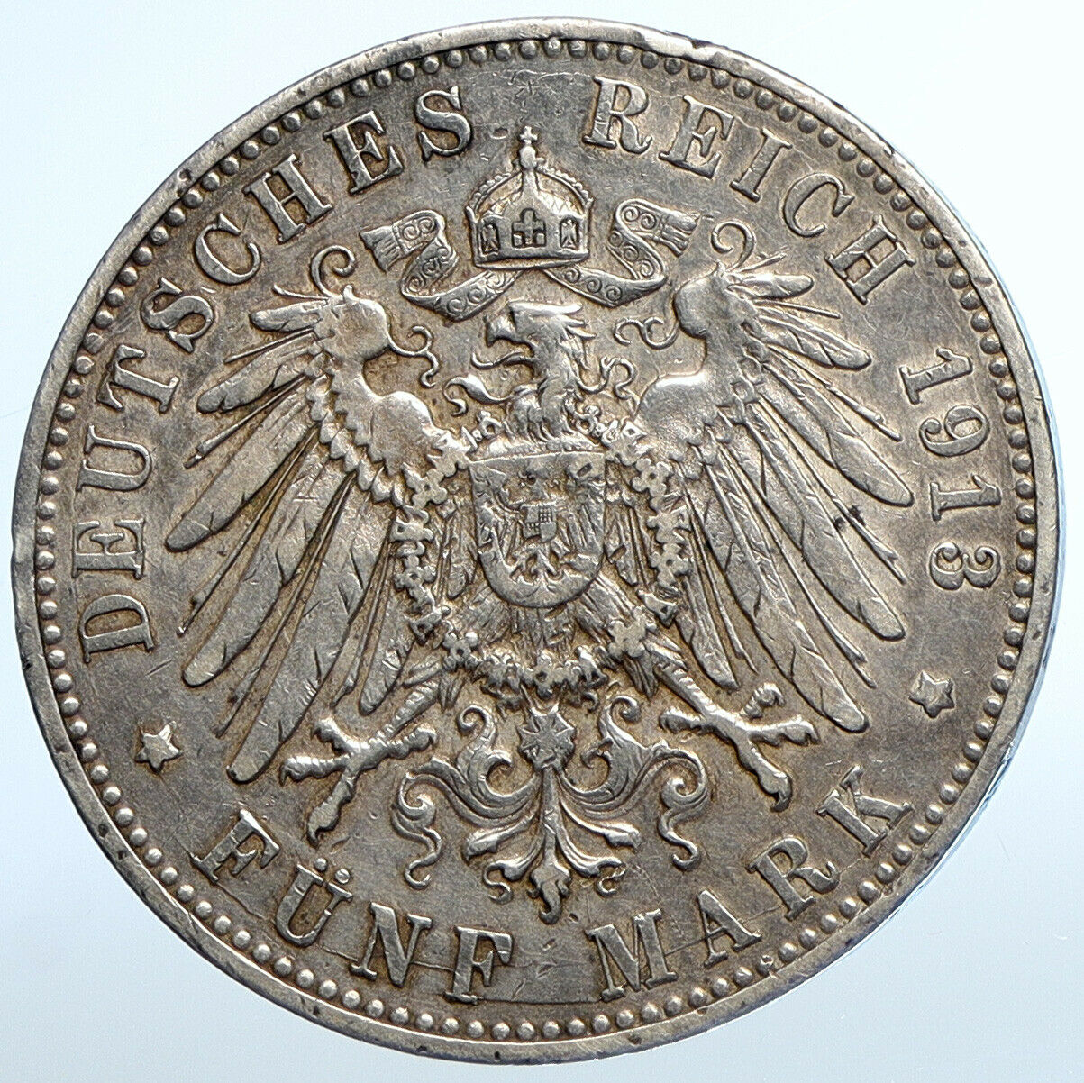 1913 F Germany GERMAN STATES Wurttemberg WILHELM II Old Silver 5 Mk Coin i111102