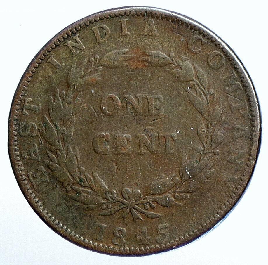 1845 STRAITS SETTLEMENTS w UK Queen Victoria VINTAGE Antique CENT Coin i111117