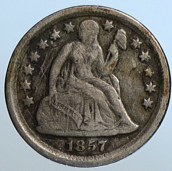 1857 P UNITED STATES US Silver SEATED LIBERTY Vintage Antique Dime Coin i111132