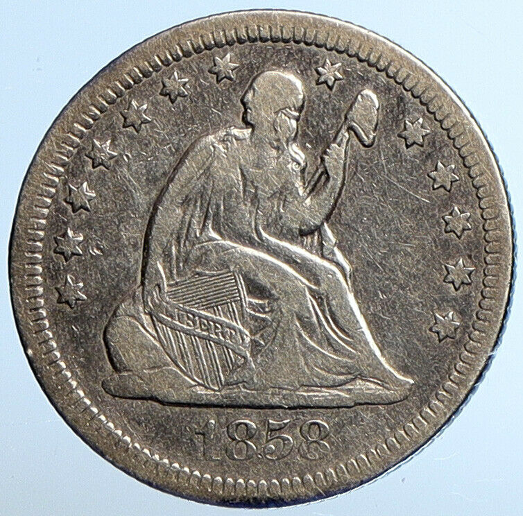 1858 P UNITED STATES US Silver SEATED LIBERTY Quarter Dollar Coin EAGLE i111087