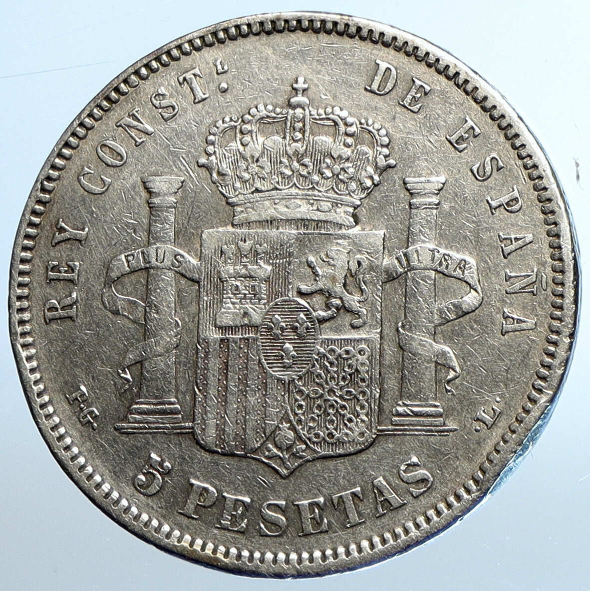 1893 SPAIN with Spanish King ALFONSO XIII Antique Silver 5 Pesetas Coin i111083