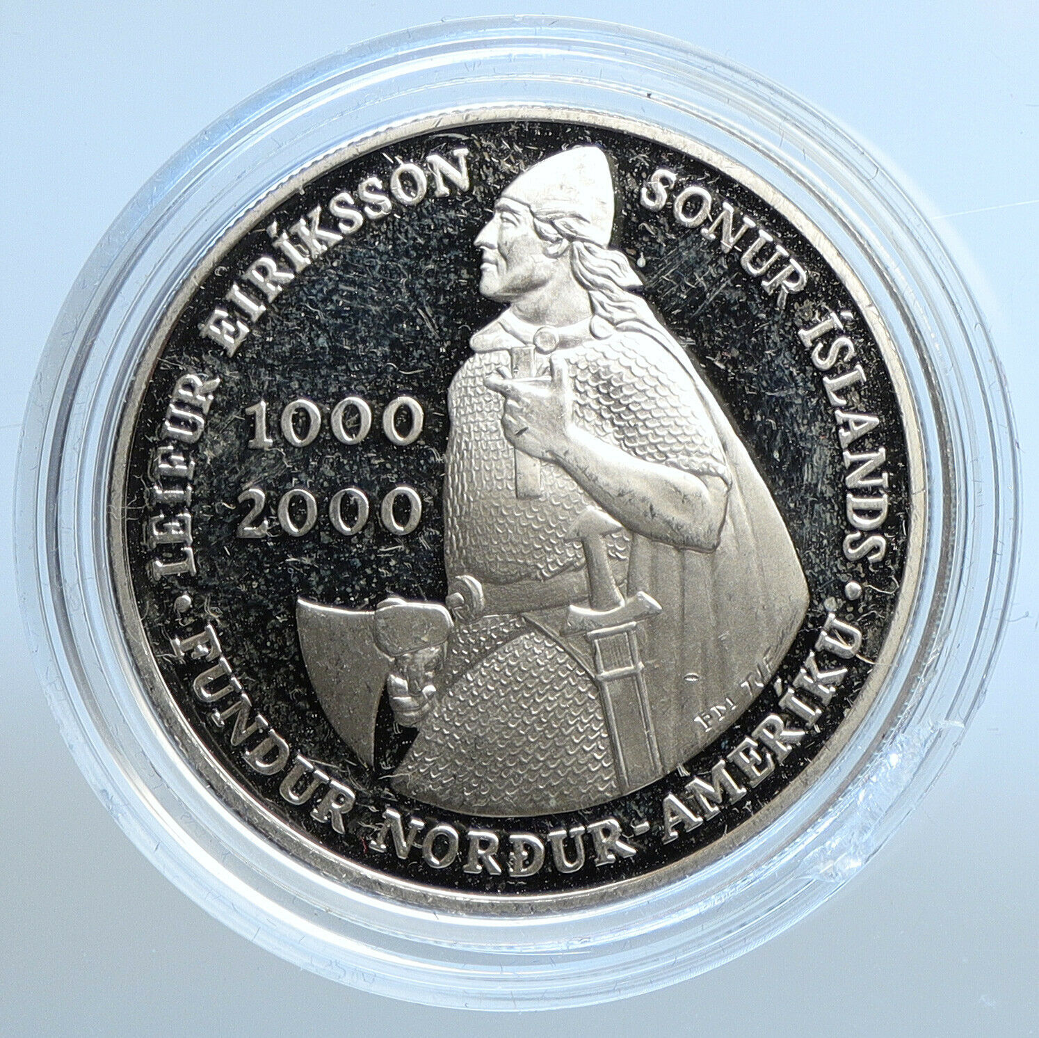 2000 ICELAND Leif Ericsson VIKINGS Vintage Proof Silver 1000 Kronur Coin i111172