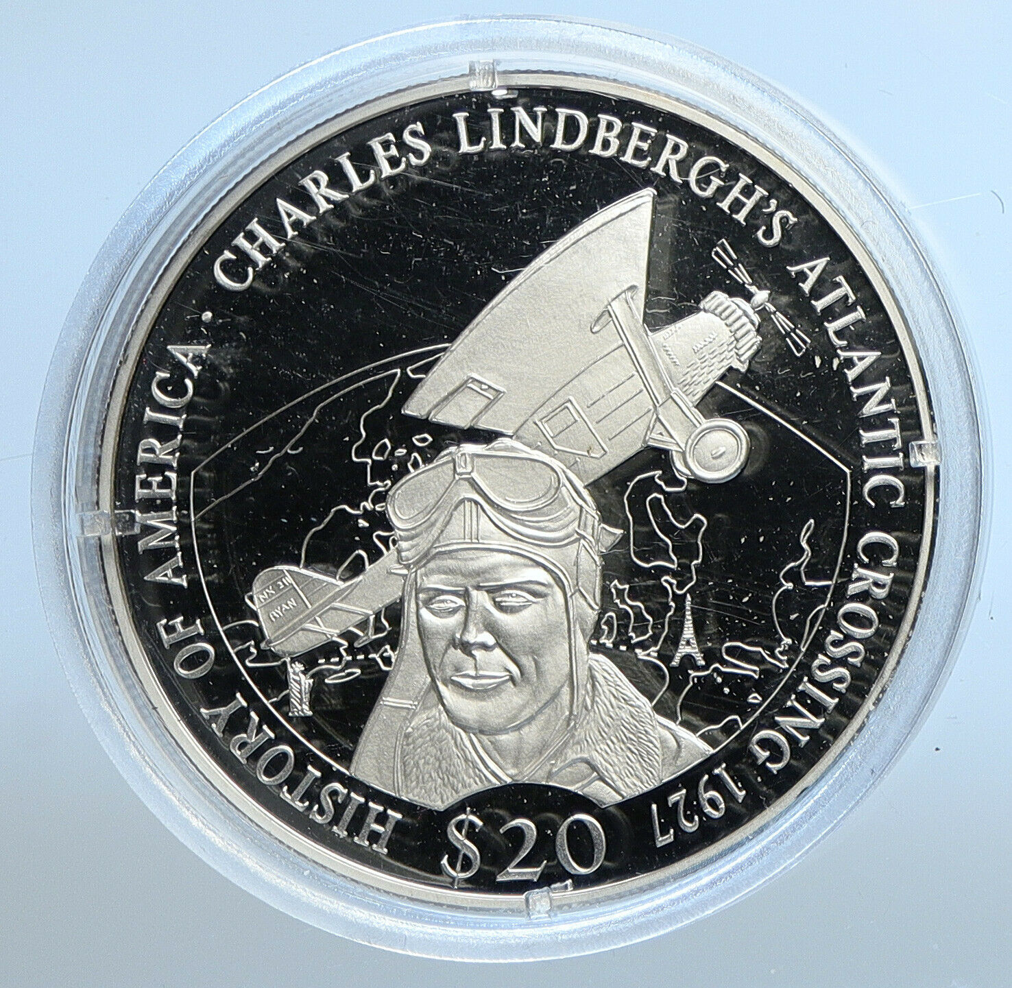 2001 LIBERIA Lucky LINDBERGH ATLANTIC FLIGHT Proof Silver 20 Dollar Coin i111177