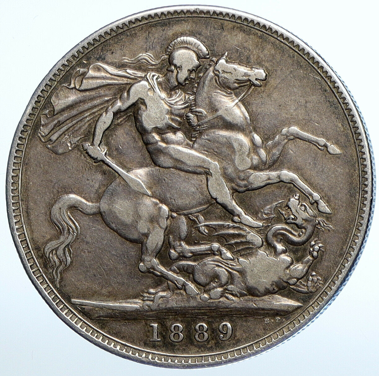 1889 GREAT BRITAIN Queen Victoria SAINT GEORGE Horse Silver Crown Coin i111181