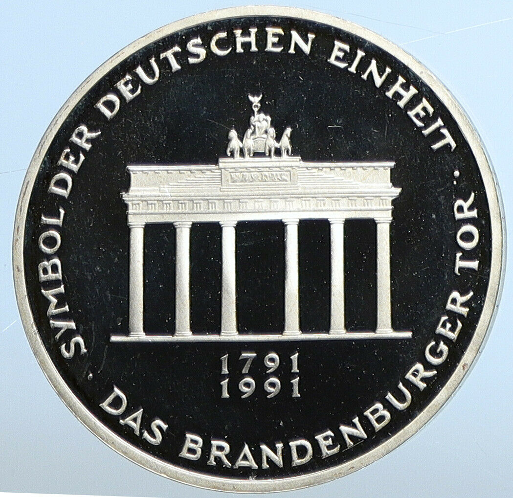 1991 A GERMANY Eagle Brandenburg Gate Berlin Proof Silver 10 Mark Coin i111203