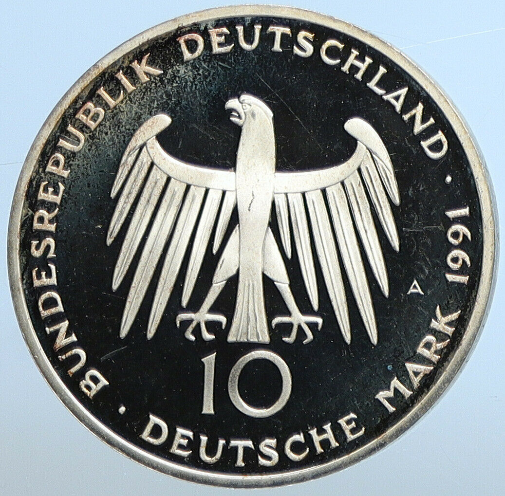 1991 A GERMANY Eagle Brandenburg Gate Berlin Proof Silver 10 Mark Coin i111203