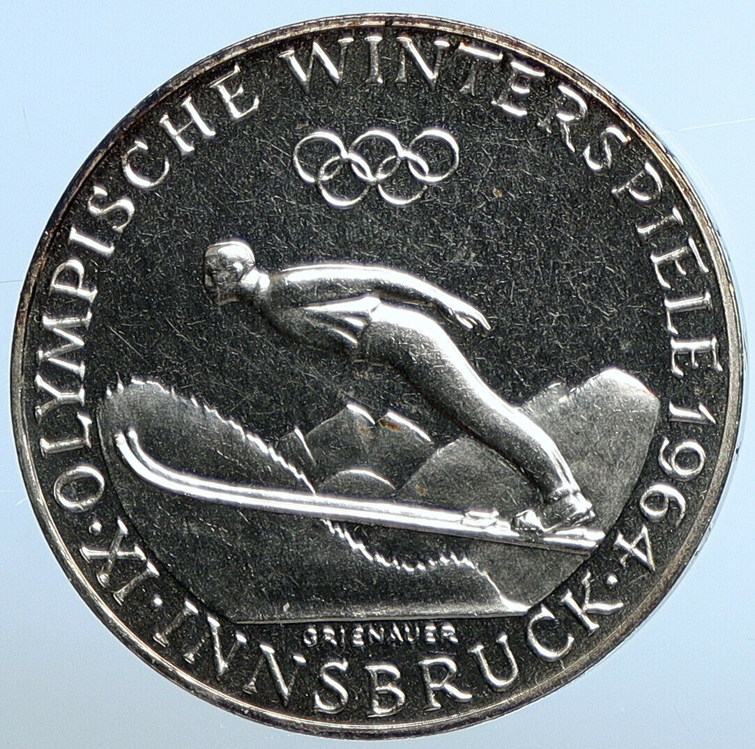 1964 AUSTRIA Innsbruck Winter Olympic Games SKIING PF Silver 50Shlg Coin i111196