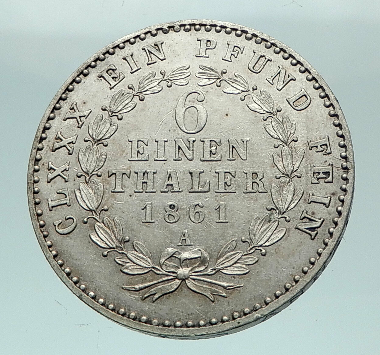 1861 GERMANY German States Anhalt-Bernburg Antique Silver 1/6 Thaler Coin i81561