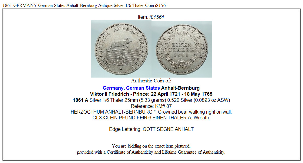 1861 GERMANY German States Anhalt-Bernburg Antique Silver 1/6 Thaler Coin i81561