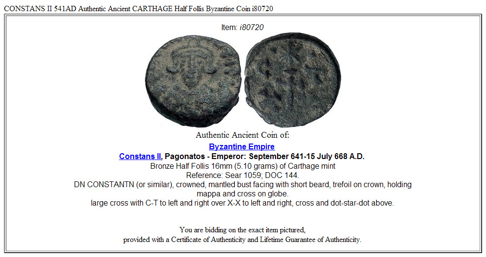 CONSTANS II 541AD Authentic Ancient CARTHAGE Half Follis Byzantine Coin i80720