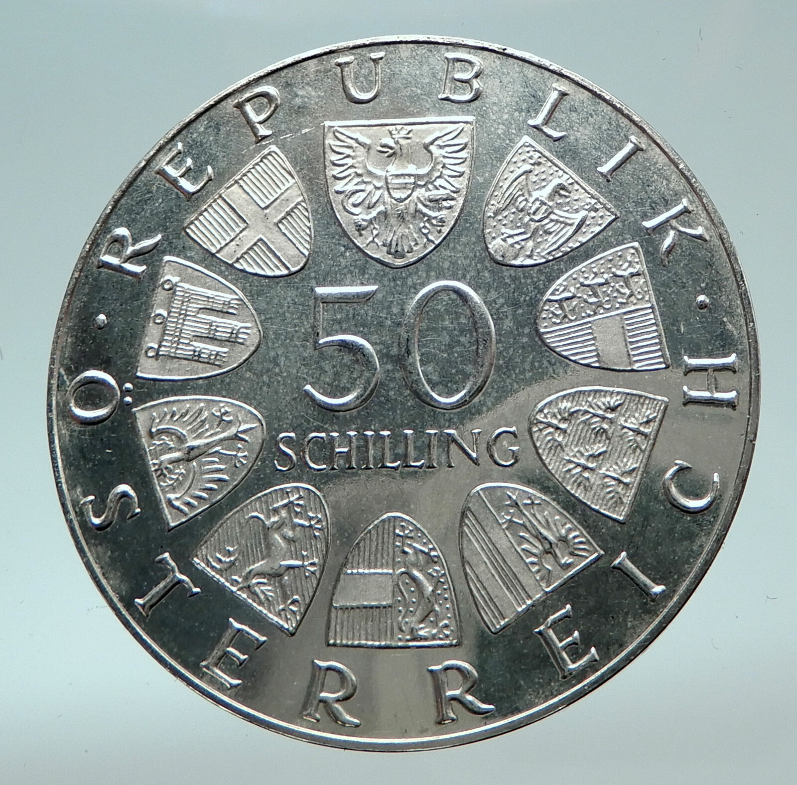 1972 AUSTRIA w National Bank Building Silver 50 Shillings Austrian Coin i81591