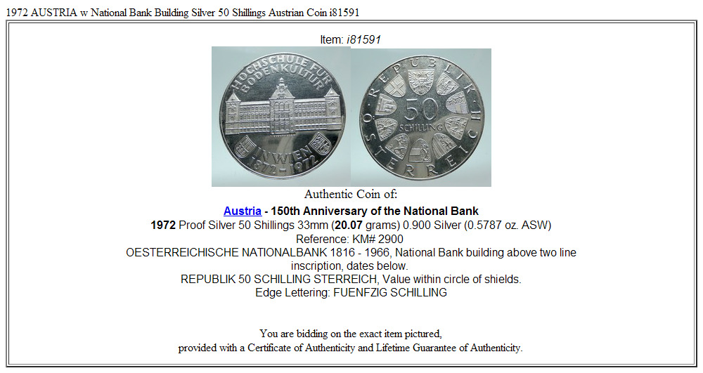 1972 AUSTRIA w National Bank Building Silver 50 Shillings Austrian Coin i81591