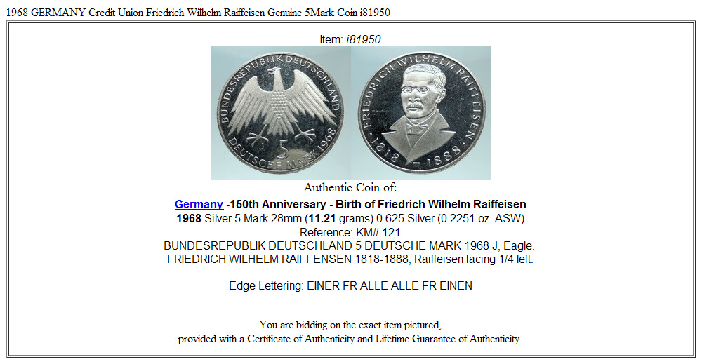 1968 GERMANY Credit Union Friedrich Wilhelm Raiffeisen Genuine 5Mark Coin i81950