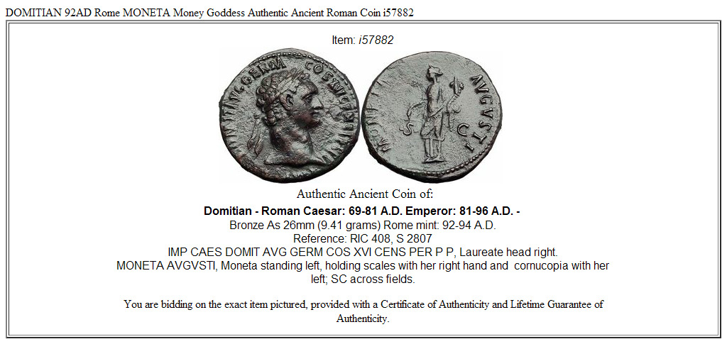 DOMITIAN 92AD Rome MONETA Money Goddess Authentic Ancient Roman Coin i57882