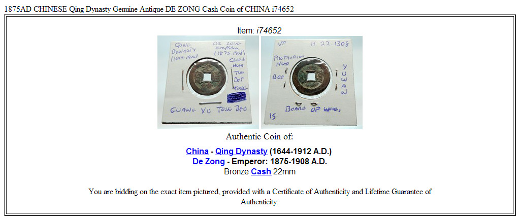 1875AD CHINESE Qing Dynasty Genuine Antique DE ZONG Cash Coin of CHINA i74652