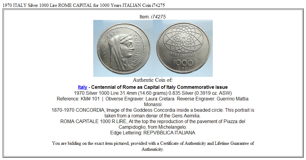 1970 ITALY Silver 1000 Lire ROME CAPITAL for 1000 Years ITALIAN Coin i74275