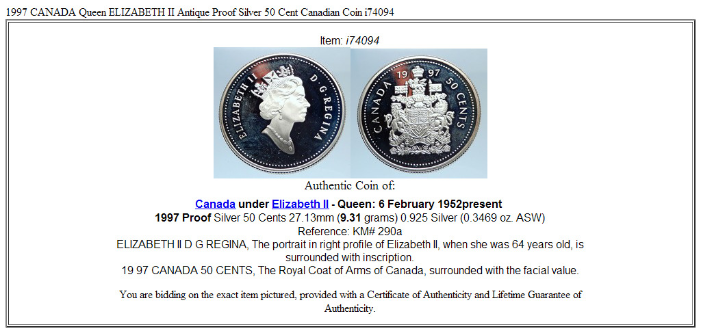 1997 CANADA Queen ELIZABETH II Antique Proof Silver 50 Cent Canadian Coin i74094