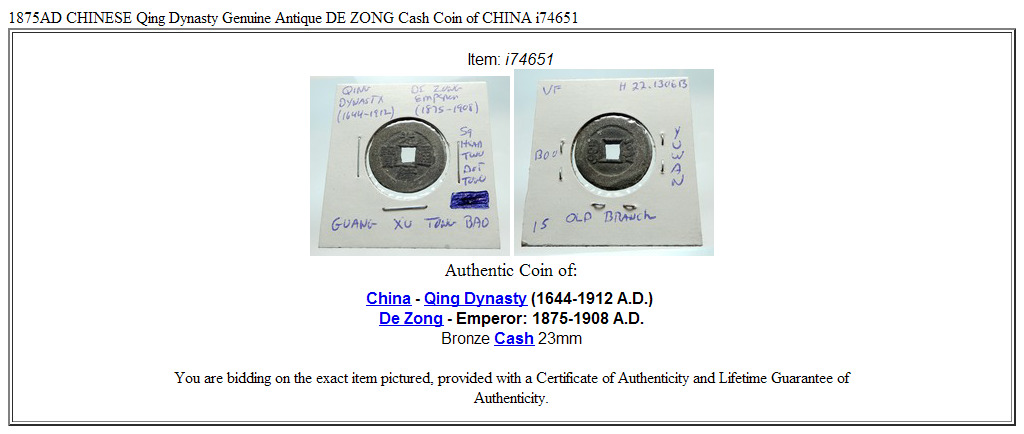 1875AD CHINESE Qing Dynasty Genuine Antique DE ZONG Cash Coin of CHINA i74651