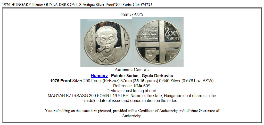 1976 HUNGARY Painter GUYLA DERKOVITS Antique Silver Proof 200 Forint Coin i74725