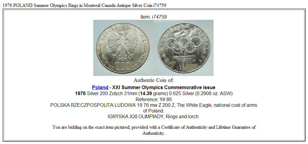 1976 POLAND Summer Olympics Rings in Montreal Canada Antique Silver Coin i74759