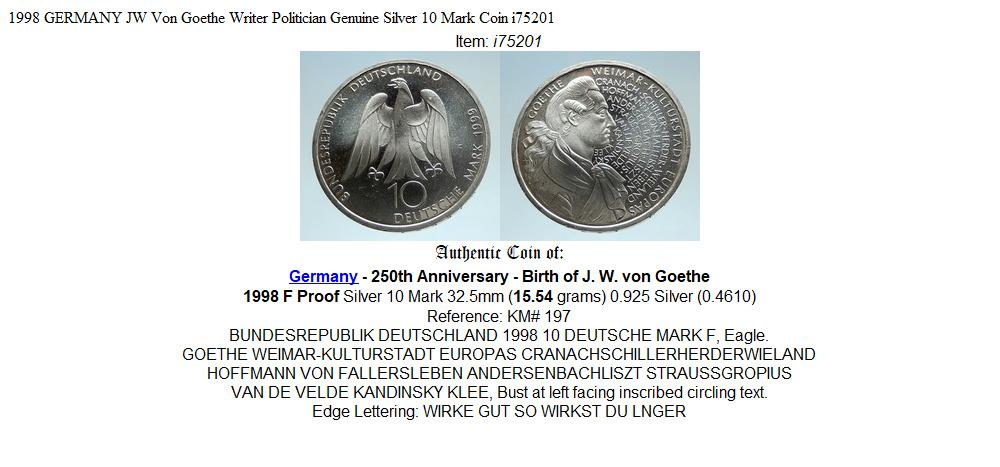 1998 GERMANY JW Von Goethe Writer Politician Genuine Silver 10 Mark Coin i75201