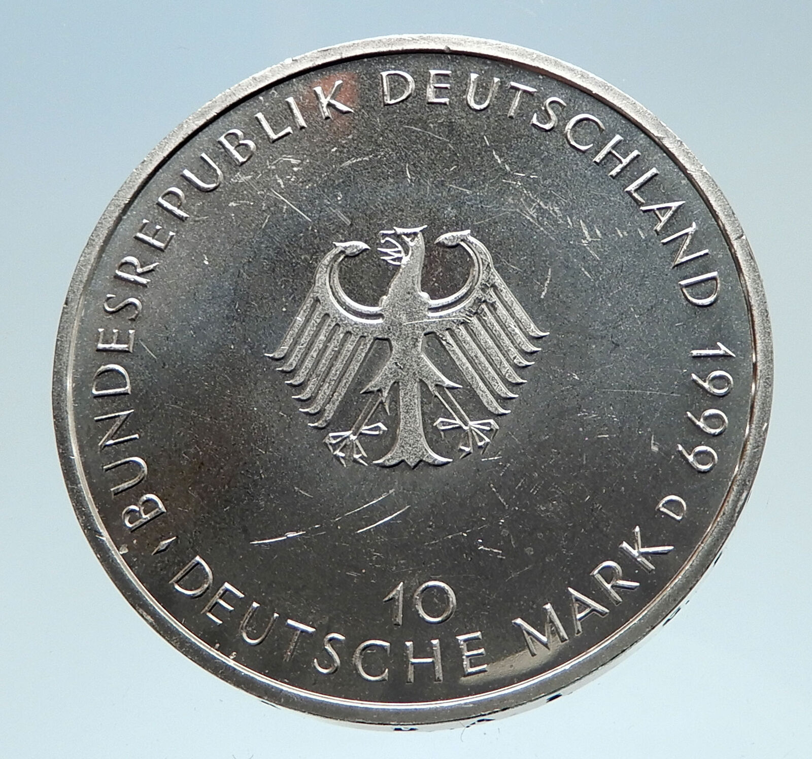 1999 GERMANY Eagle and Republic Constitution Genuine Silver 10 Mark Coin i75202