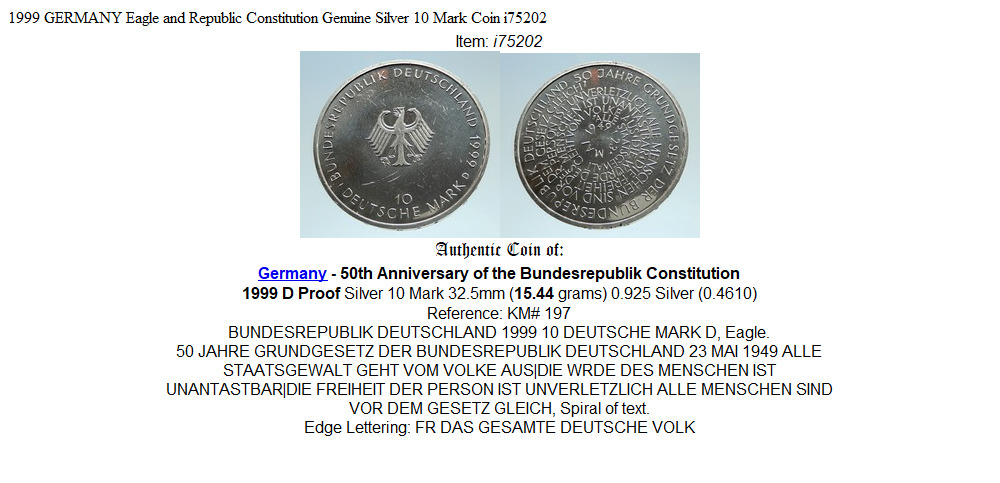 1999 GERMANY Eagle and Republic Constitution Genuine Silver 10 Mark Coin i75202