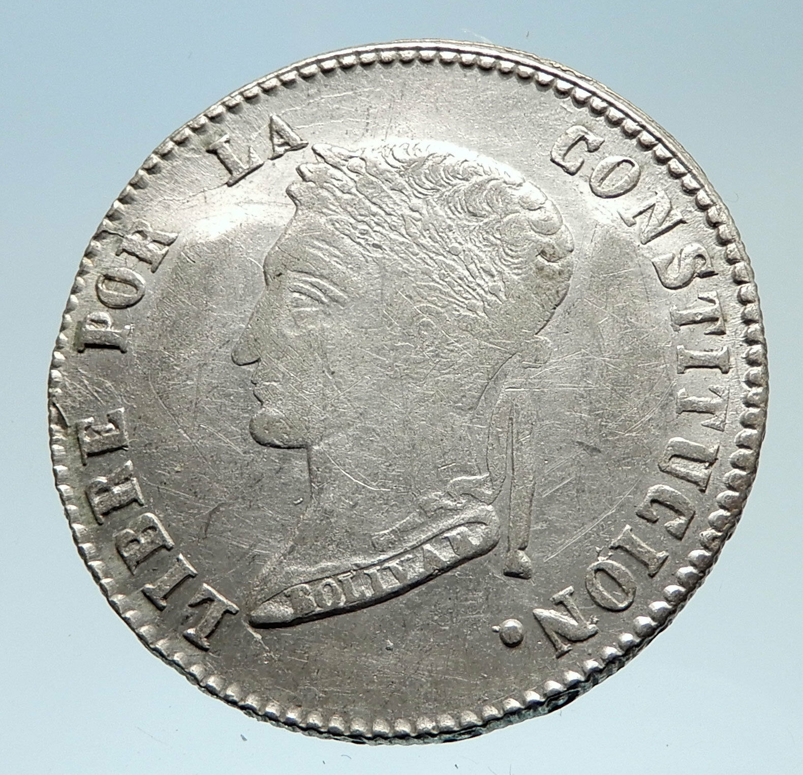 1858 PTS FJ Bolivia LARGE SIMON BOLIVAR Genuine 4 Sol Silver Coin i75347