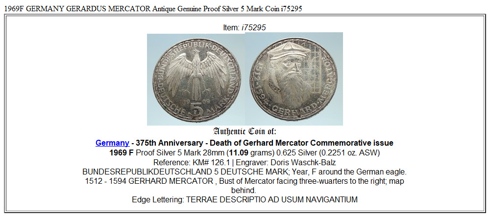 1969F GERMANY GERARDUS MERCATOR Antique Genuine Proof Silver 5 Mark Coin i75295