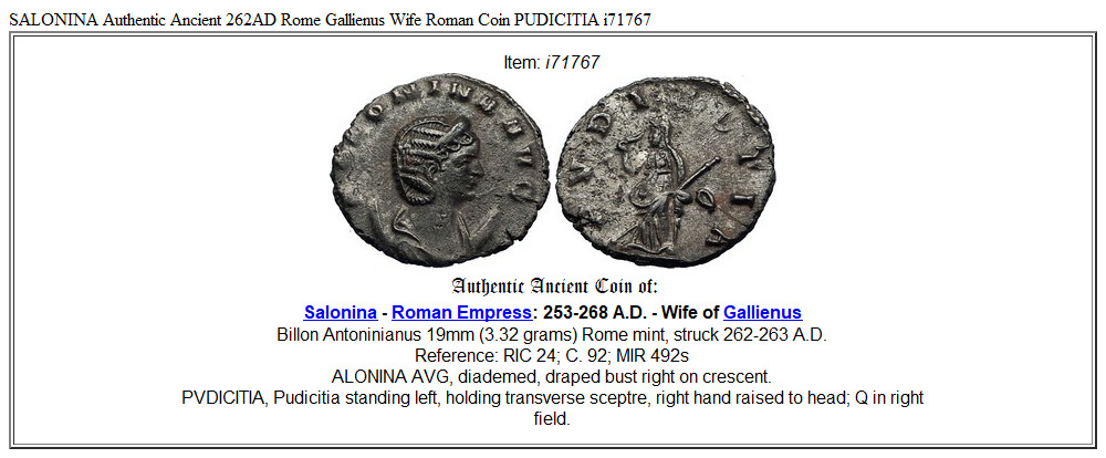 SALONINA Authentic Ancient 262AD Rome Gallienus Wife Roman Coin PUDICITIA i71767