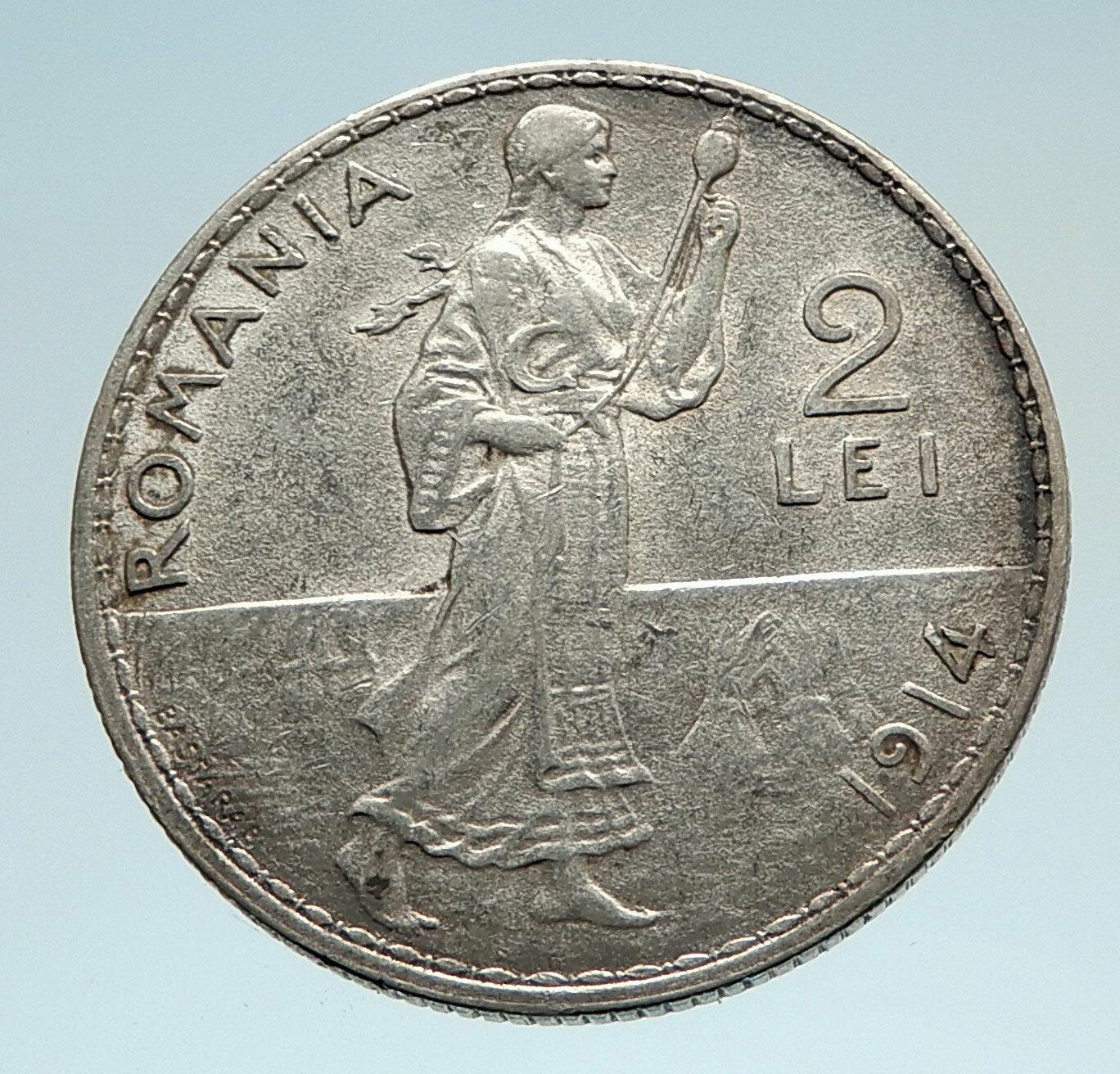 1914 ROMANIA under King Carol I Prince Karl Genuine Silver 2 Lei Coin i75229