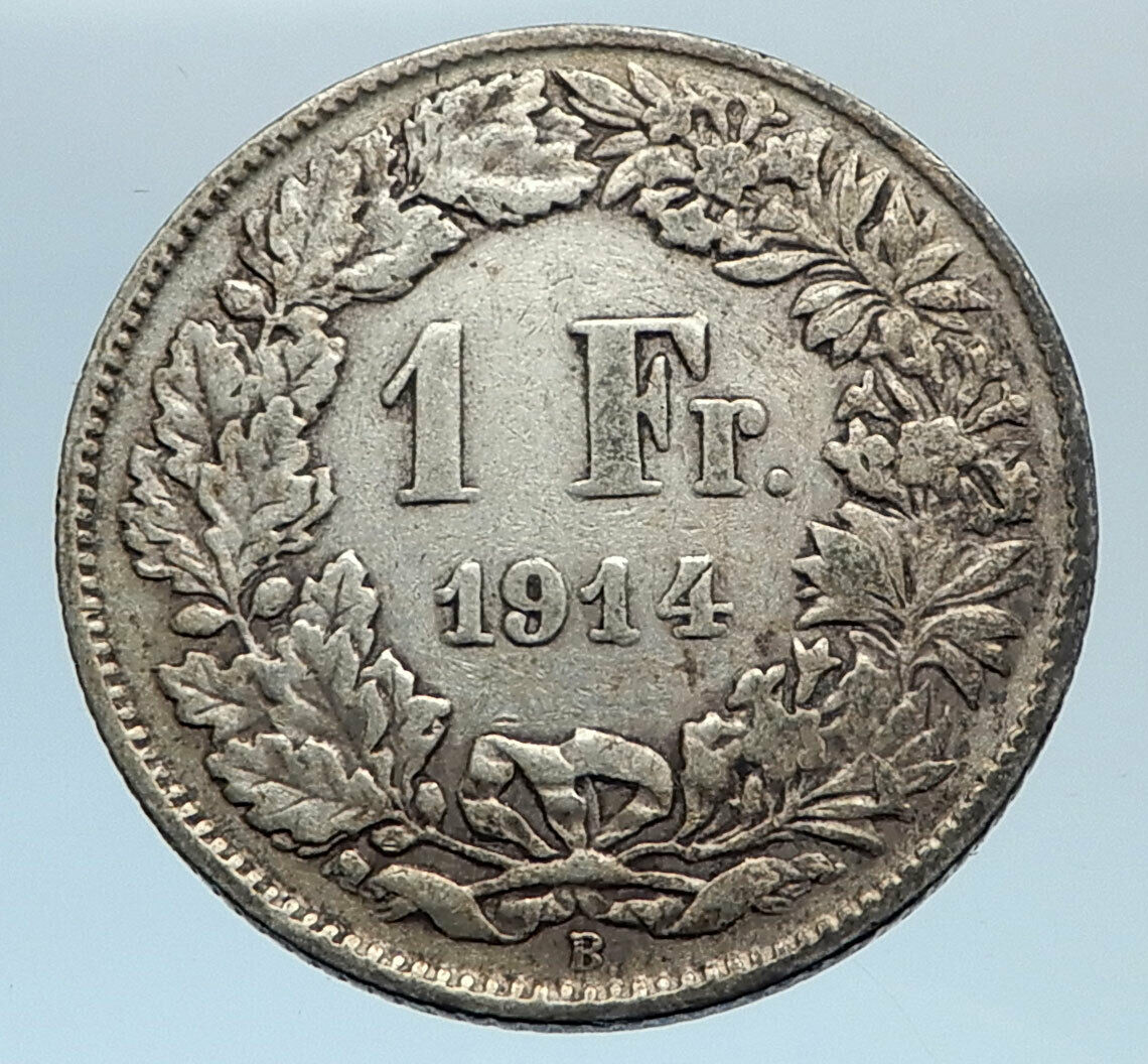 1914 SWITZERLAND - SILVER 1 Franc Coin - HELVETIA Symbolizes SWISS Nation i74320