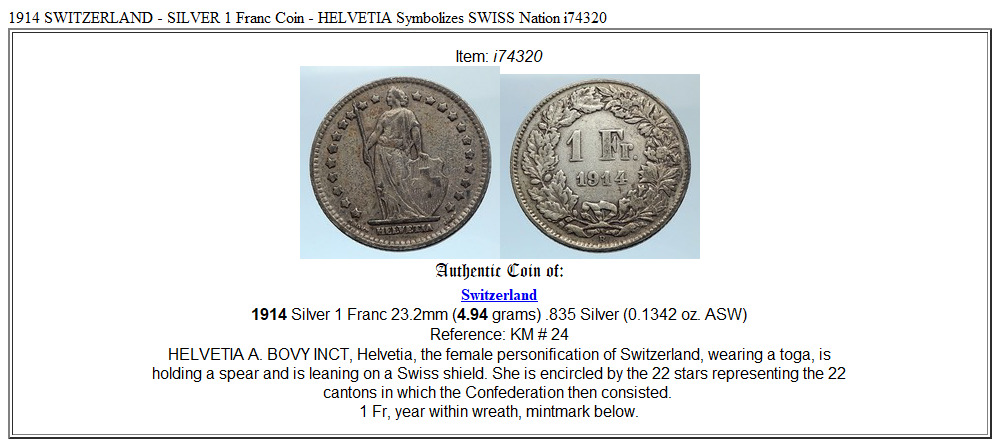 1914 SWITZERLAND - SILVER 1 Franc Coin - HELVETIA Symbolizes SWISS Nation i74320