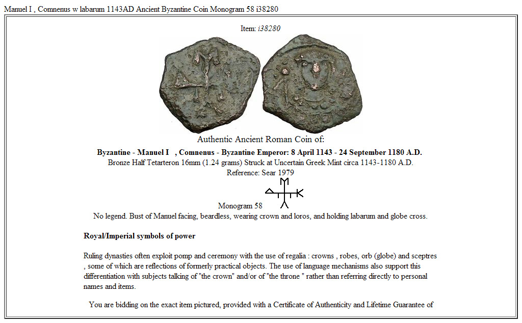 Manuel I , Comnenus w labarum 1143AD Ancient Byzantine Coin Monogram 58 i38280