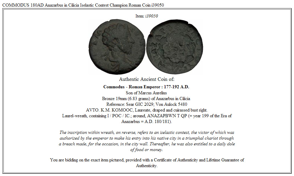 COMMODUS 180AD Anazarbus in Cilicia Iselastic Contest Champion Roman Coin i39050