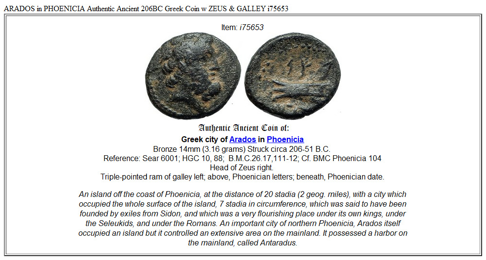 ARADOS in PHOENICIA Authentic Ancient 206BC Greek Coin w ZEUS & GALLEY i75653