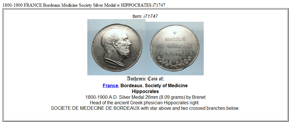 1800-1900 FRANCE Bordeaux Medicine Society Silver Medal w HIPPOCRATES i71747