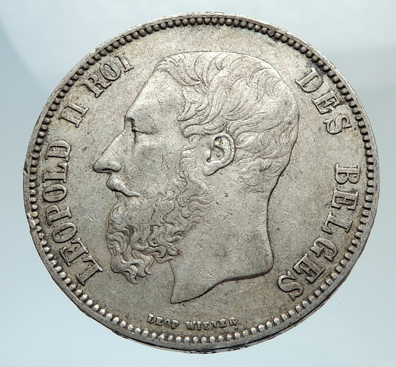 1873 BELGIUM with King LEOPOLD II and LION Genuine Silver 5 Francs Coin i75395