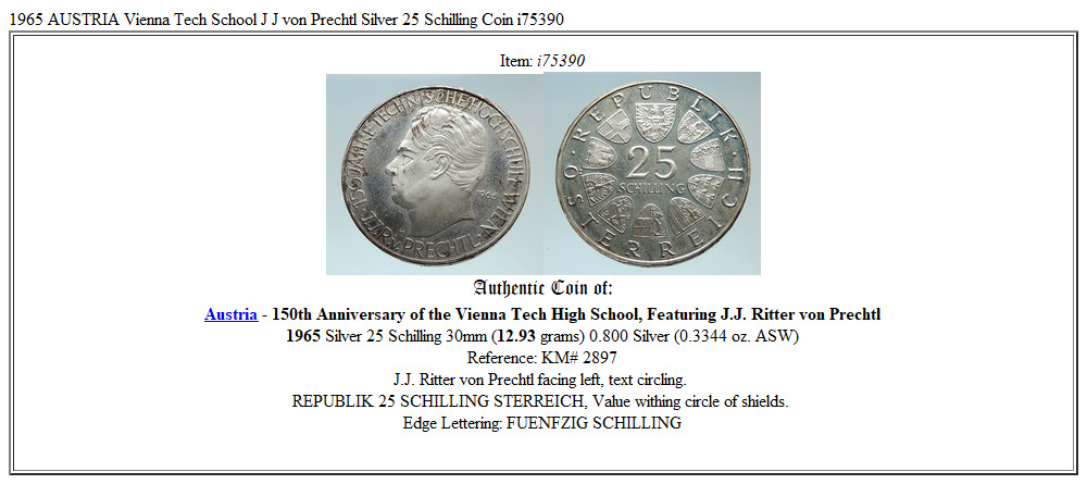 1965 AUSTRIA Vienna Tech School J J von Prechtl Silver 25 Schilling Coin i75390