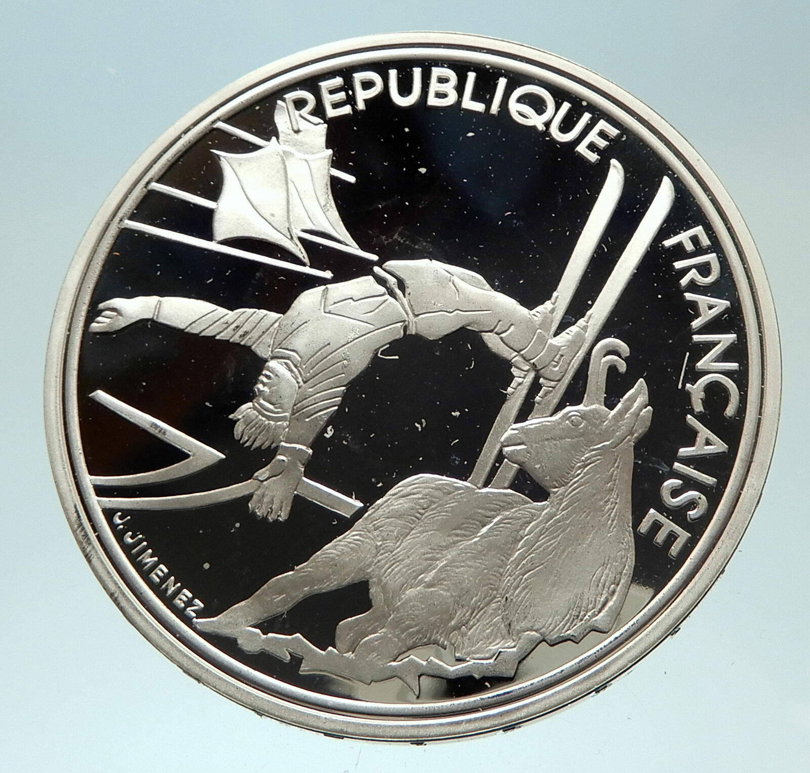 1990 FRANCE Free style Skiing 1992 Olympics Proof Silver 100 Francs Coin i76880