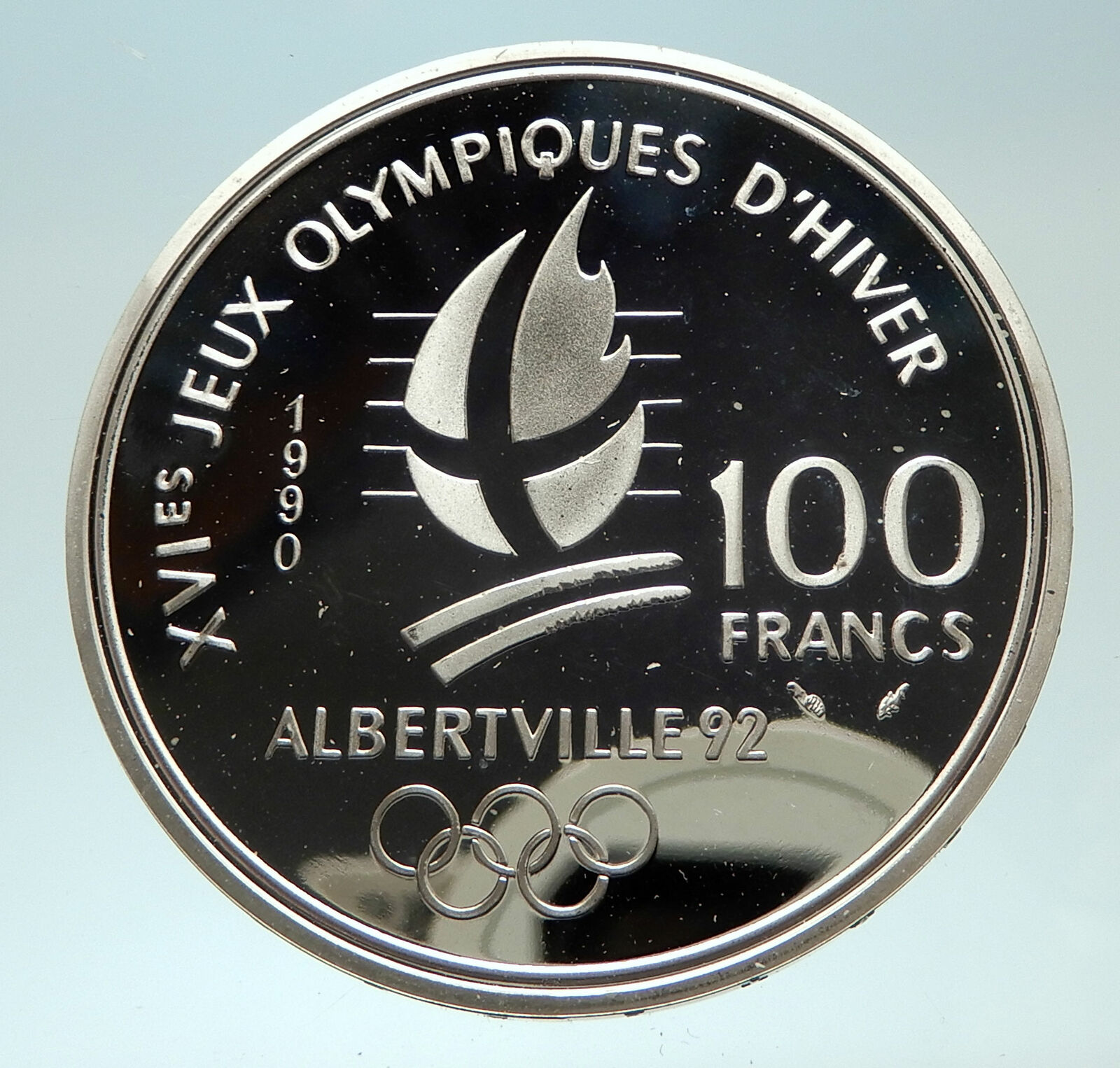 1990 FRANCE Free style Skiing 1992 Olympics Proof Silver 100 Francs Coin i76880