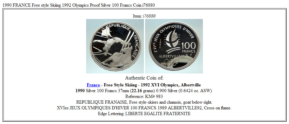 1990 FRANCE Free style Skiing 1992 Olympics Proof Silver 100 Francs Coin i76880