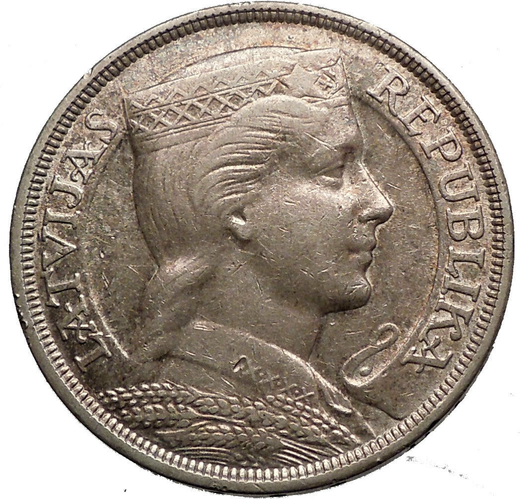 LATVIA 1931 5 Lati LARGE Vintage Silver European Coins FEMALE COAT ARMS i56131