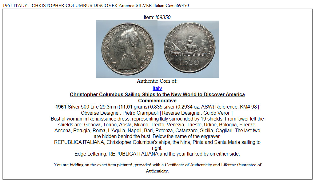 1961 ITALY - CHRISTOPHER COLUMBUS DISCOVER America SILVER Italian Coin i69350