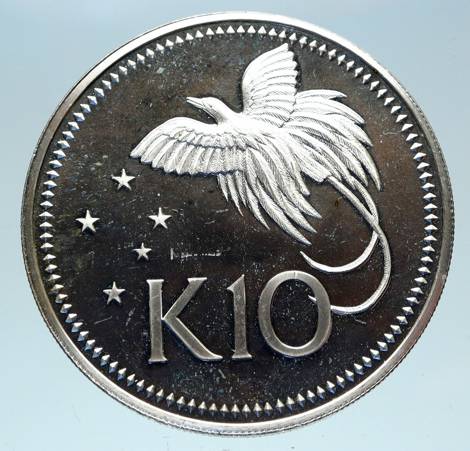 1975 PAPUA NEW GUINEA Large 4.5CM Exotic Bird Proof Silver 10 Kina Coin i83083