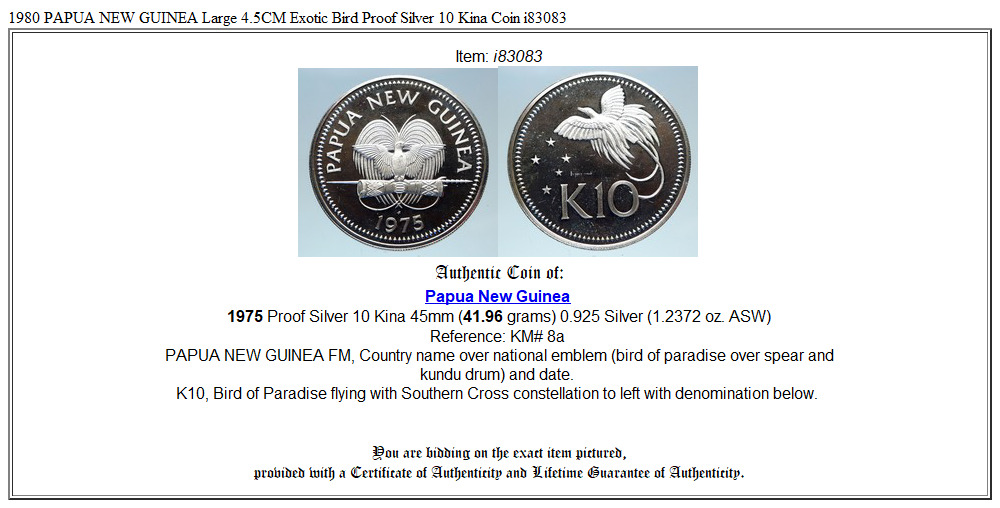 1975 PAPUA NEW GUINEA Large 4.5CM Exotic Bird Proof Silver 10 Kina Coin i83083