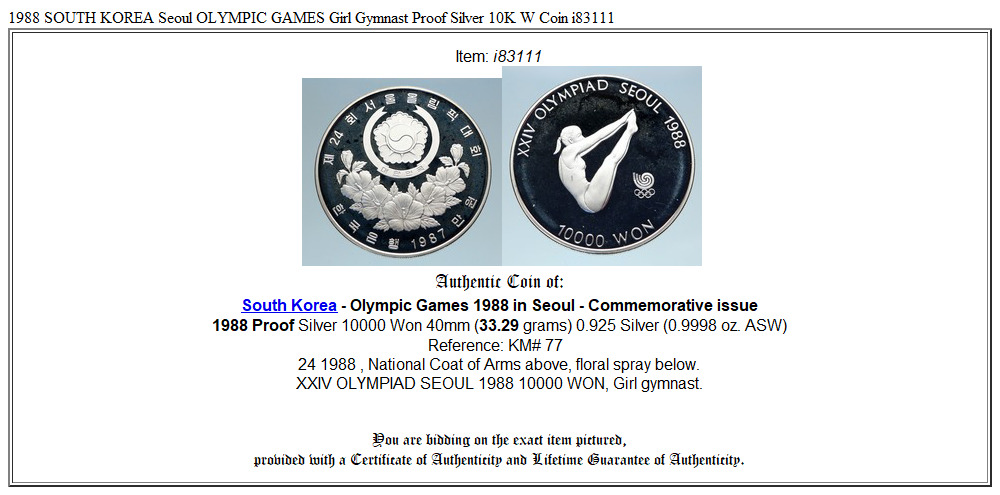 1988 SOUTH KOREA Seoul OLYMPIC GAMES Girl Gymnast Proof Silver 10K W Coin i83111