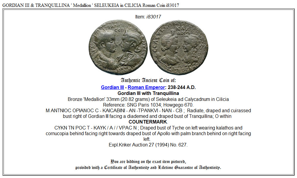 GORDIAN III & TRANQUILLINA ' Medallion ' SELEUKEIA in CILICIA Roman Coin i83017