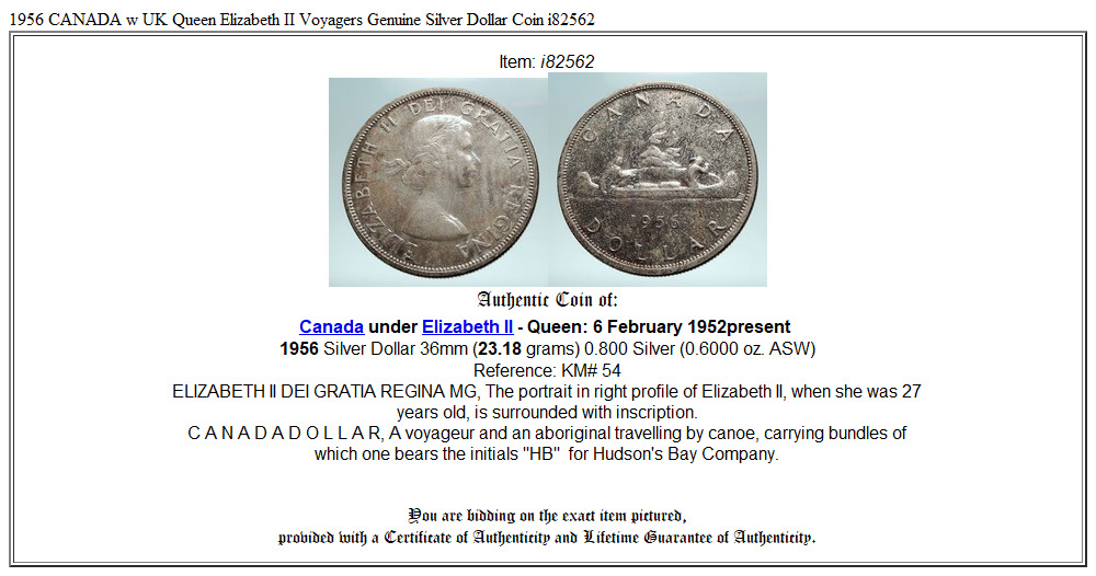 1956 CANADA w UK Queen Elizabeth II Voyagers Genuine Silver Dollar Coin i82562