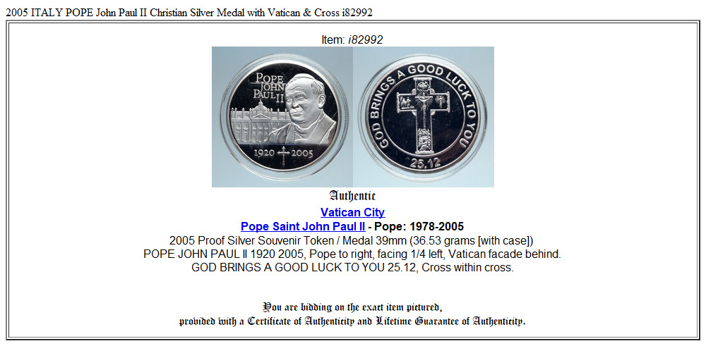 2005 ITALY POPE John Paul II Christian Silver Medal with Vatican & Cross i82992